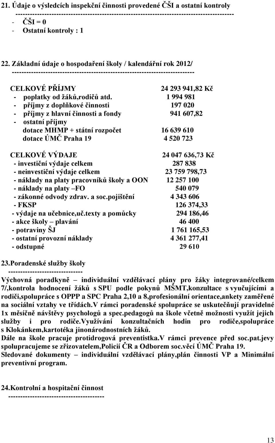 atd. 1 994 981 - příjmy z doplňkové činnosti 197 020 - příjmy z hlavní činnosti a fondy 941 607,82 - ostatní příjmy dotace MHMP + státní rozpočet 16 639 610 dotace ÚMČ Praha 19 4 520 723 CELKOVÉ