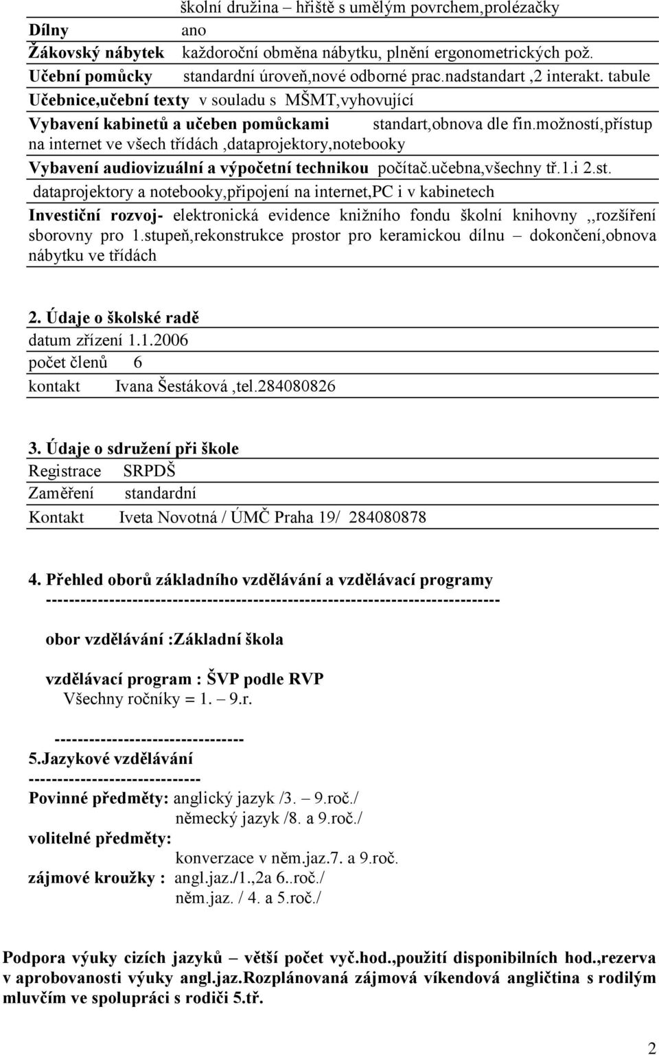 možností,přístup na internet ve všech třídách,dataprojektory,notebooky Vybavení audiovizuální a výpočetní technikou počítač.učebna,všechny tř.1.i 2.st. dataprojektory a notebooky,připojení na internet,pc i v kabinetech Investiční rozvoj- elektronická evidence knižního fondu školní knihovny,,rozšíření sborovny pro 1.