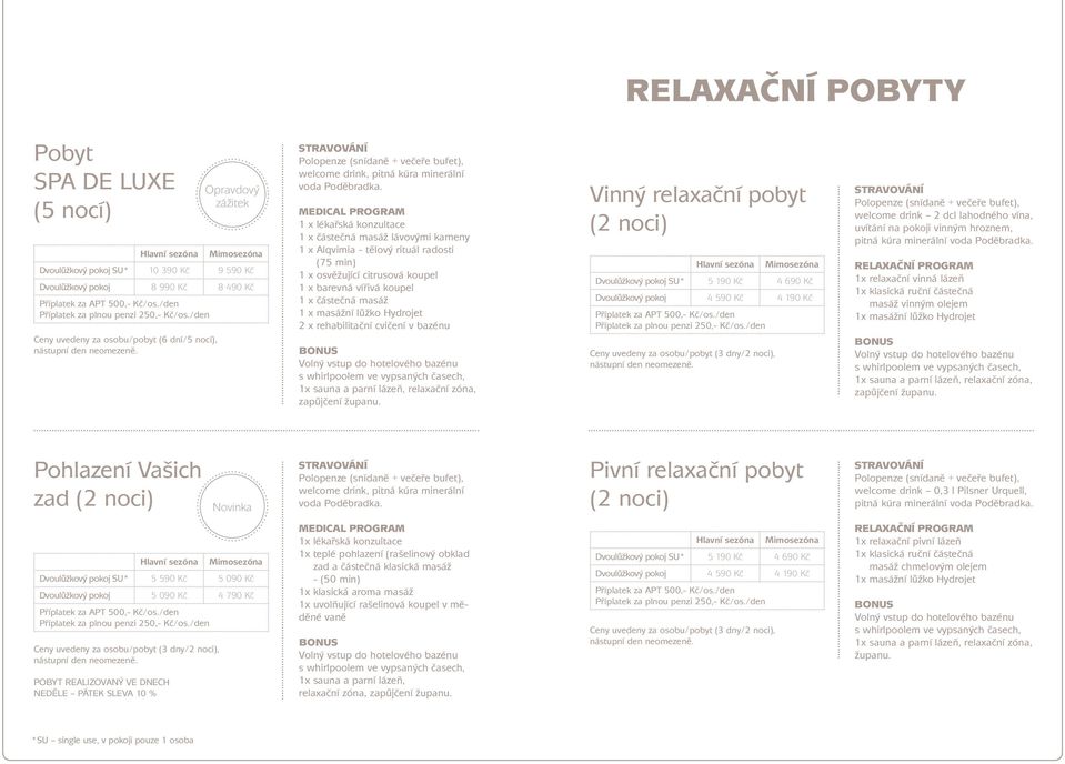 rehabilitační cvičení v bazénu Vinný relaxační pobyt Dvoulůžkový pokoj SU* 5 190 Kč 4 690 Kč Dvoulůžkový pokoj 4 590 Kč 4 190 Kč welcome drink 2 dcl lahodného vína, uvítání na pokoji vinným hroznem,