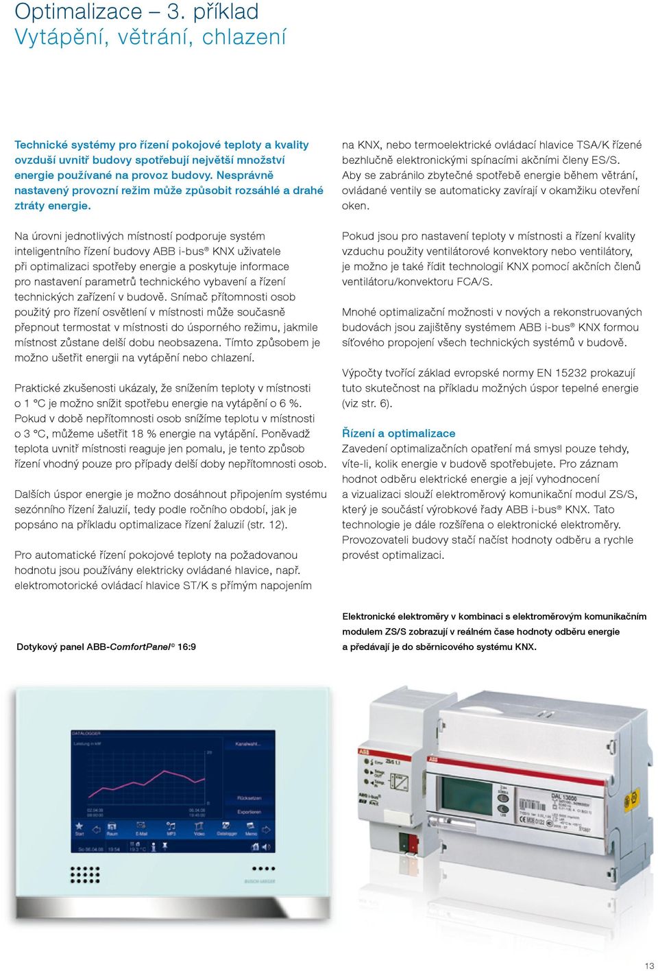 Na úrovni jednotlivých místností podporuje systém inteligentního řízení budovy ABB i-bus KNX uživatele při optimalizaci spotřeby energie a poskytuje informace pro nastavení parametrů technického