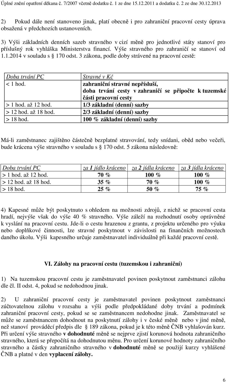 1.2014 v souladu s 170 odst. 3 zákona, podle doby strávené na pracovní cestě: Doba trvání PC Stravné v Kč < 1 hod.