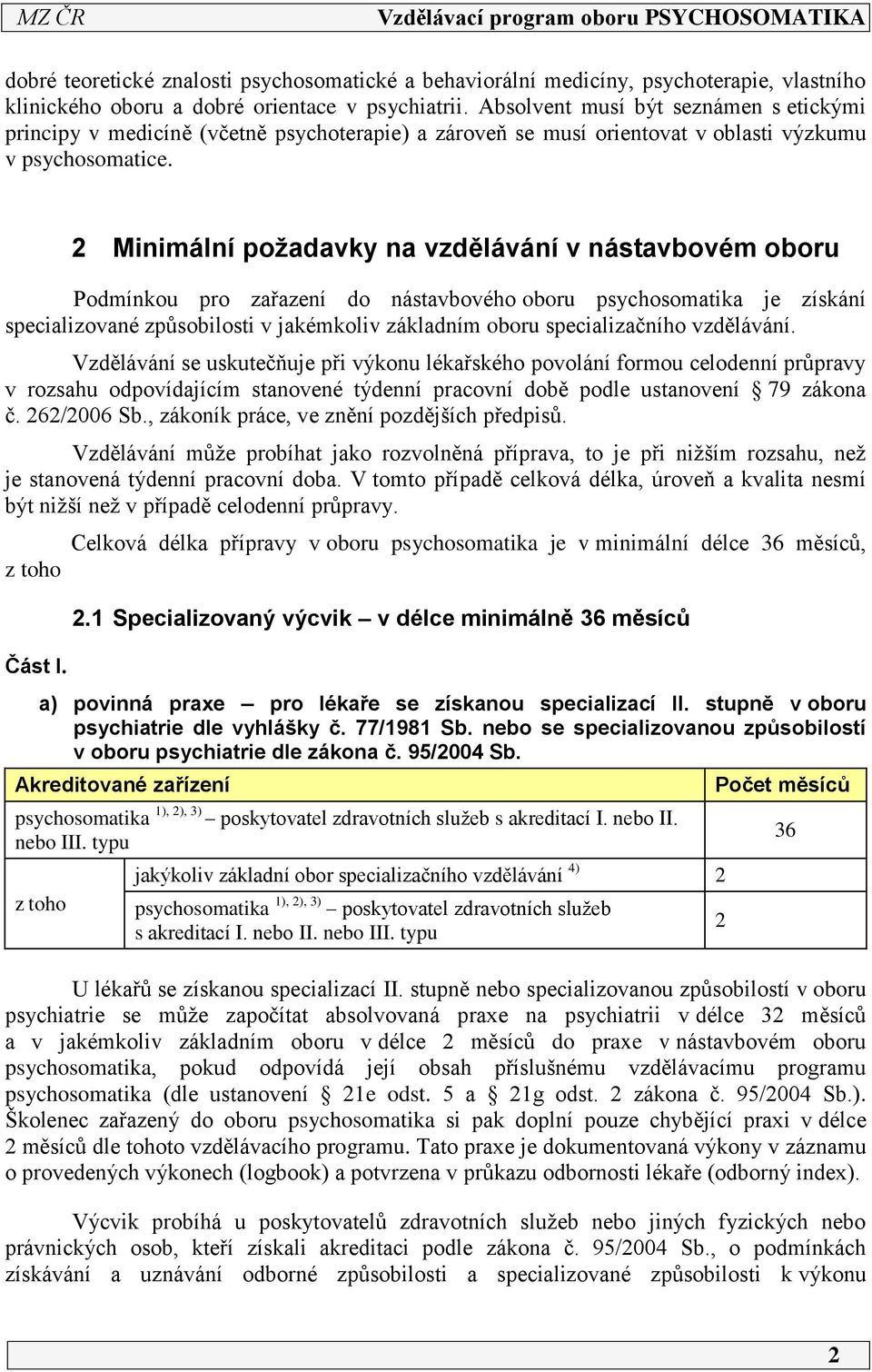 Minimální požadavky na vzdělávání v nástavbovém oboru Podmínkou pro zařazení do nástavbového oboru psychosomatika je získání specializované způsobilosti v jakémkoliv základním oboru specializačního