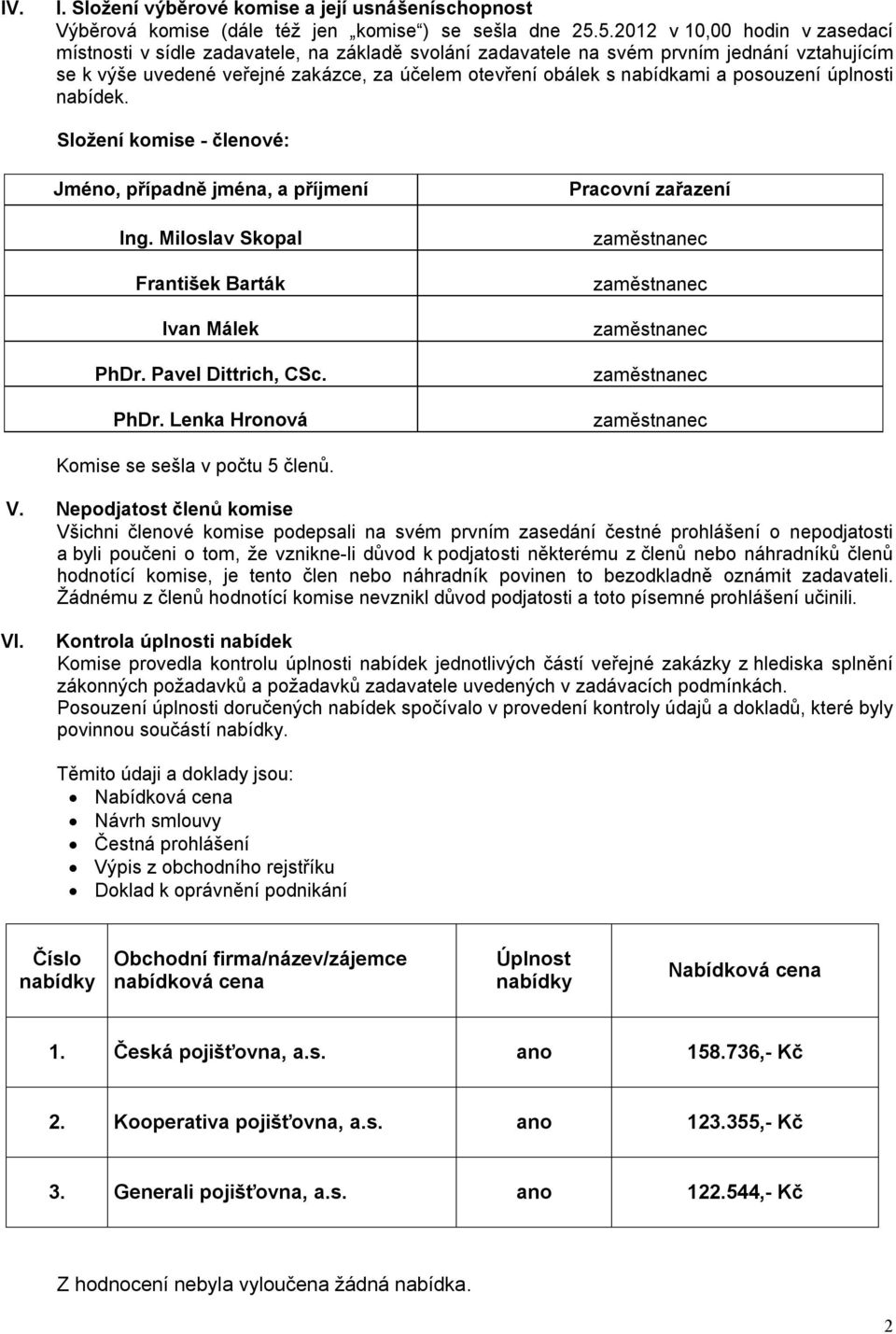 a posouzení úplnosti nabídek. Složení komise - členové: Jméno, případně jména, a příjmení Ing. Miloslav Skopal František Barták Ivan Málek PhDr.