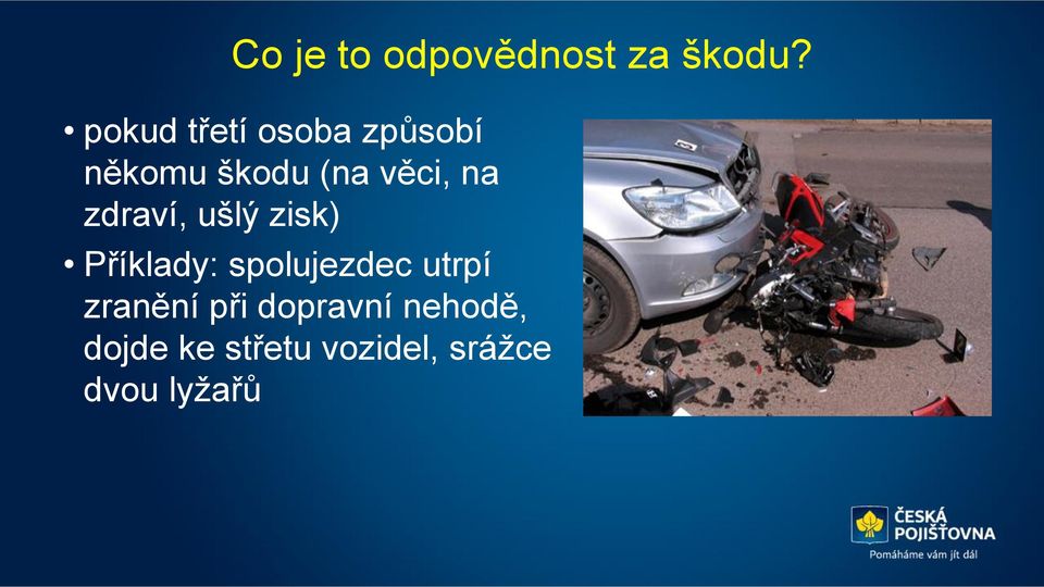 na zdraví, ušlý zisk) Příklady: spolujezdec utrpí