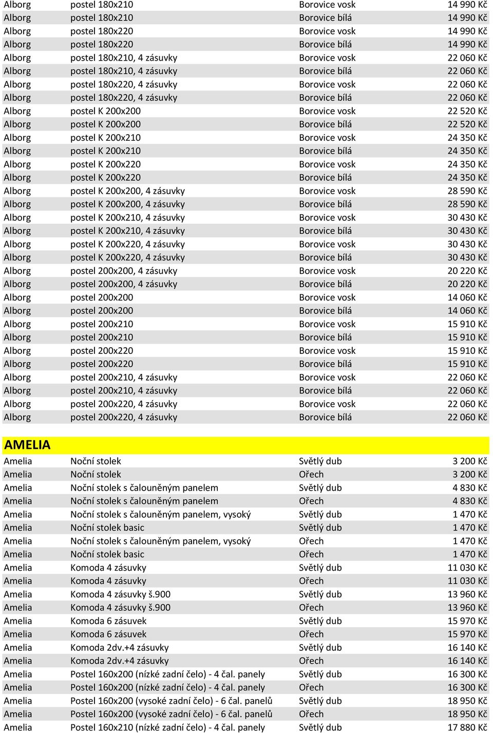 bílá 22 060 Kč Alborg postel K 200x200 Borovice vosk 22 520 Kč Alborg postel K 200x200 Borovice bílá 22 520 Kč Alborg postel K 200x210 Borovice vosk 24 350 Kč Alborg postel K 200x210 Borovice bílá 24