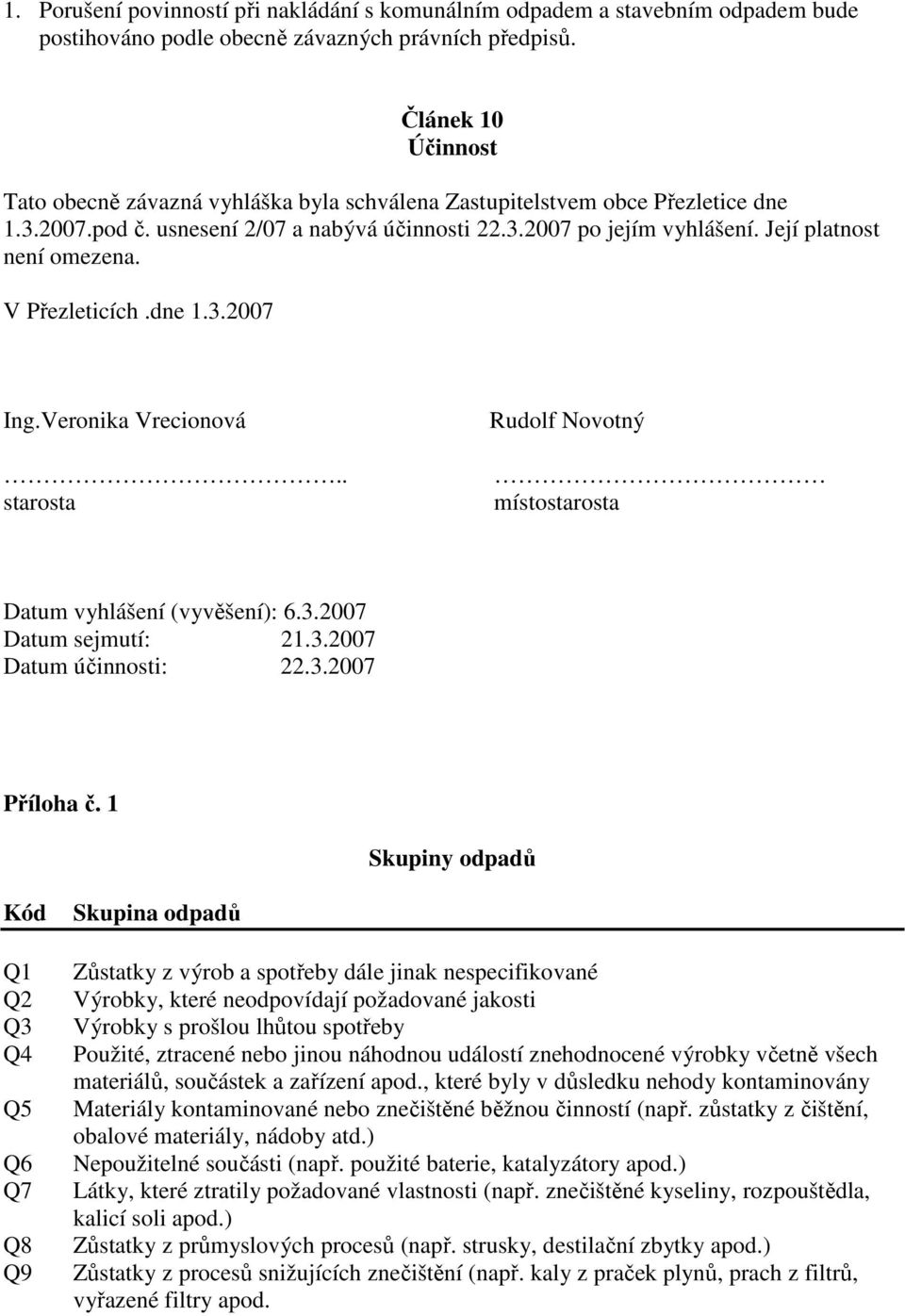 Její platnost není omezena. V Přezleticích.dne 1.3.2007 Ing.Veronika Vrecionová.. starosta Rudolf Novotný místostarosta Datum vyhlášení (vyvěšení): 6.3.2007 Datum sejmutí: 21.3.2007 Datum účinnosti: 22.