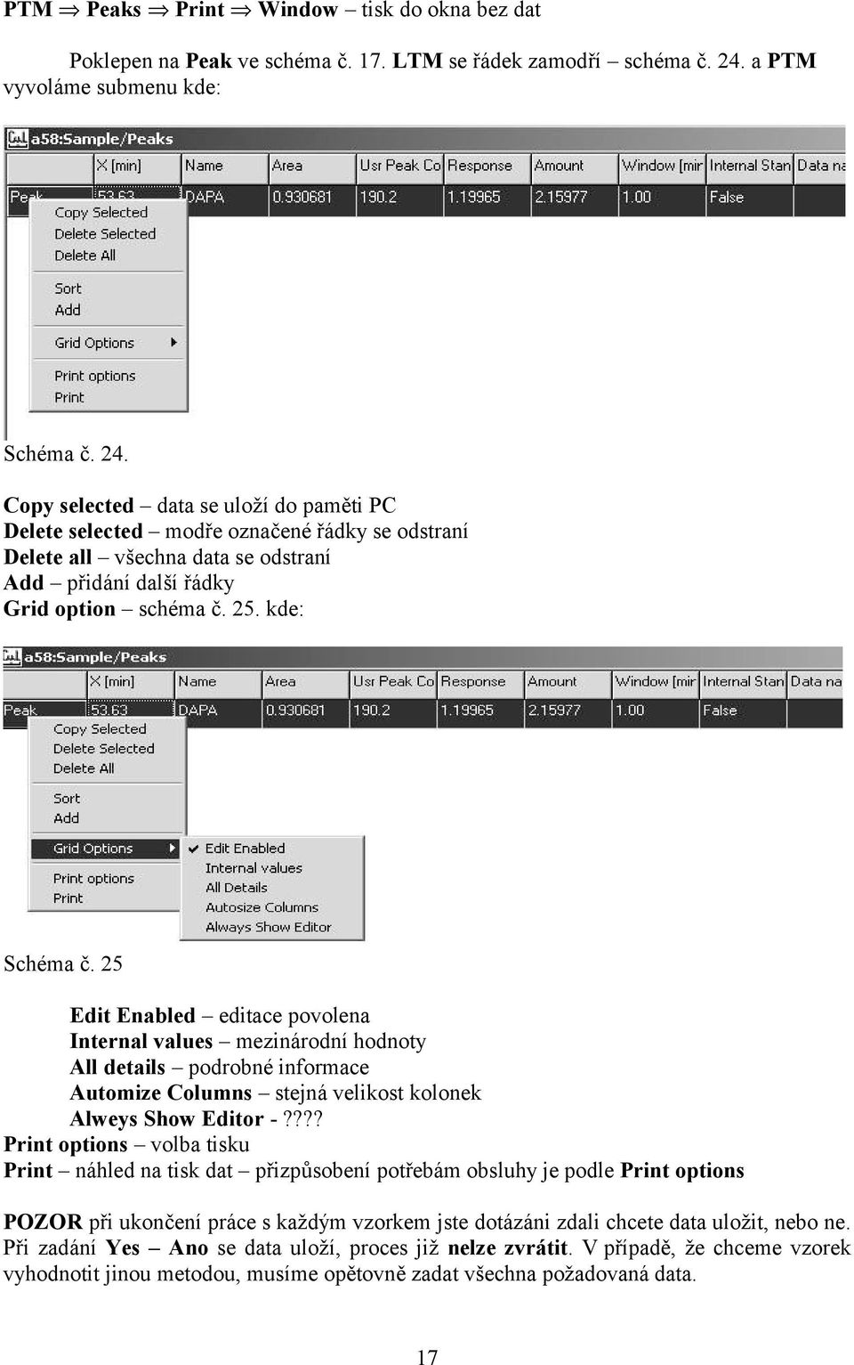 Copy selected data se uloží do paměti PC Delete selected modře označené řádky se odstraní Delete all všechna data se odstraní Add přidání další řádky Grid option schéma č. 25. kde: Schéma č.