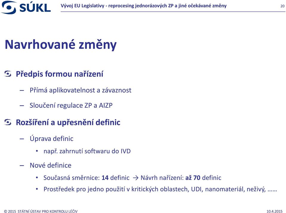 zahrnutí softwaru do IVD Nové definice Současná směrnice: 14 definic Návrh