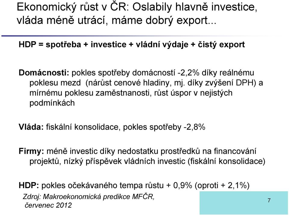 mj. díky zvýšení DPH) a mírnému poklesu zaměstnanosti, růst úspor v nejistých podmínkách Vláda: fiskální konsolidace, pokles spotřeby -2,8% Firmy: méně