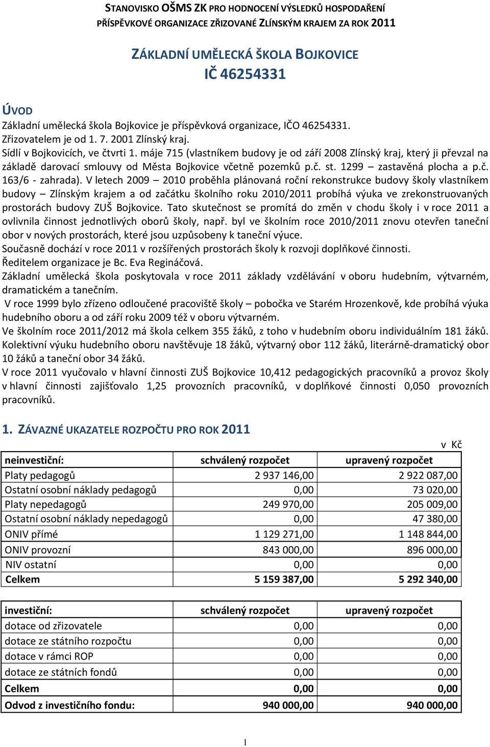 máje 715 (vlastníkem budovy je od září 2008 Zlínský kraj, který ji převzal na základě darovací smlouvy od Města Bojkovice včetně pozemků p.č. st. 1299 zastavěná plocha a p.č. 163/6 - zahrada).