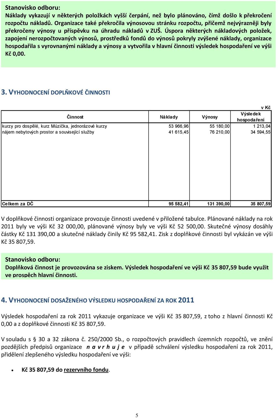 Úspora některých nákladových položek, zapojení nerozpočtovaných výnosů, prostředků fondů do výnosů pokryly zvýšené náklady, organizace hospodařila s vyrovnanými náklady a výnosy a vytvořila v hlavní
