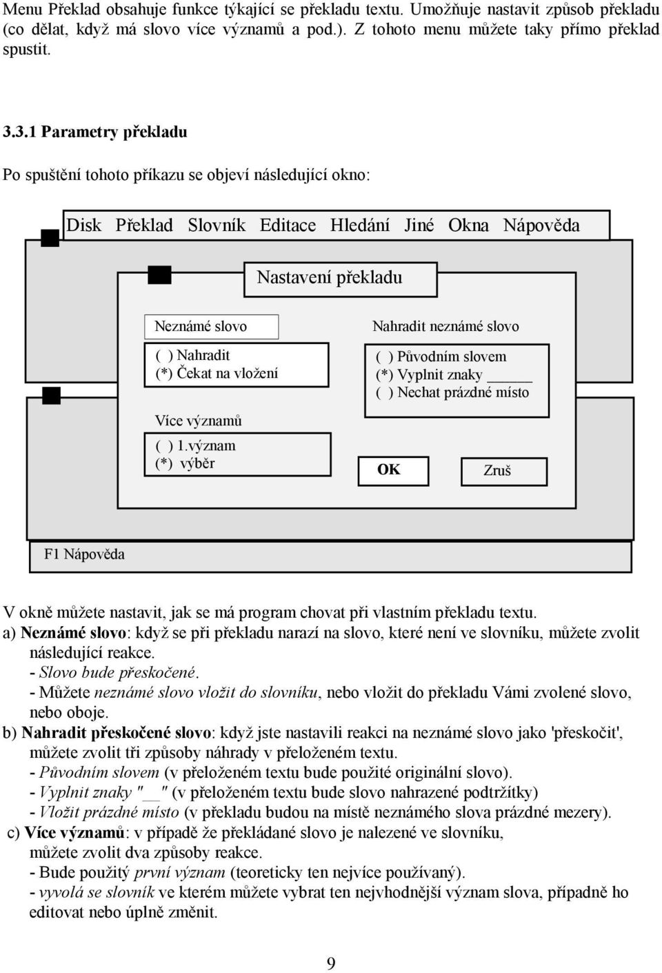 vložení Více významů ( ) 1.význam (*) výběr Nahradit neznámé slovo ( ) Původním slovem (*) Vyplnit znaky ( ) Nechat prázdné místo OK Zruš ////////// obr 1.