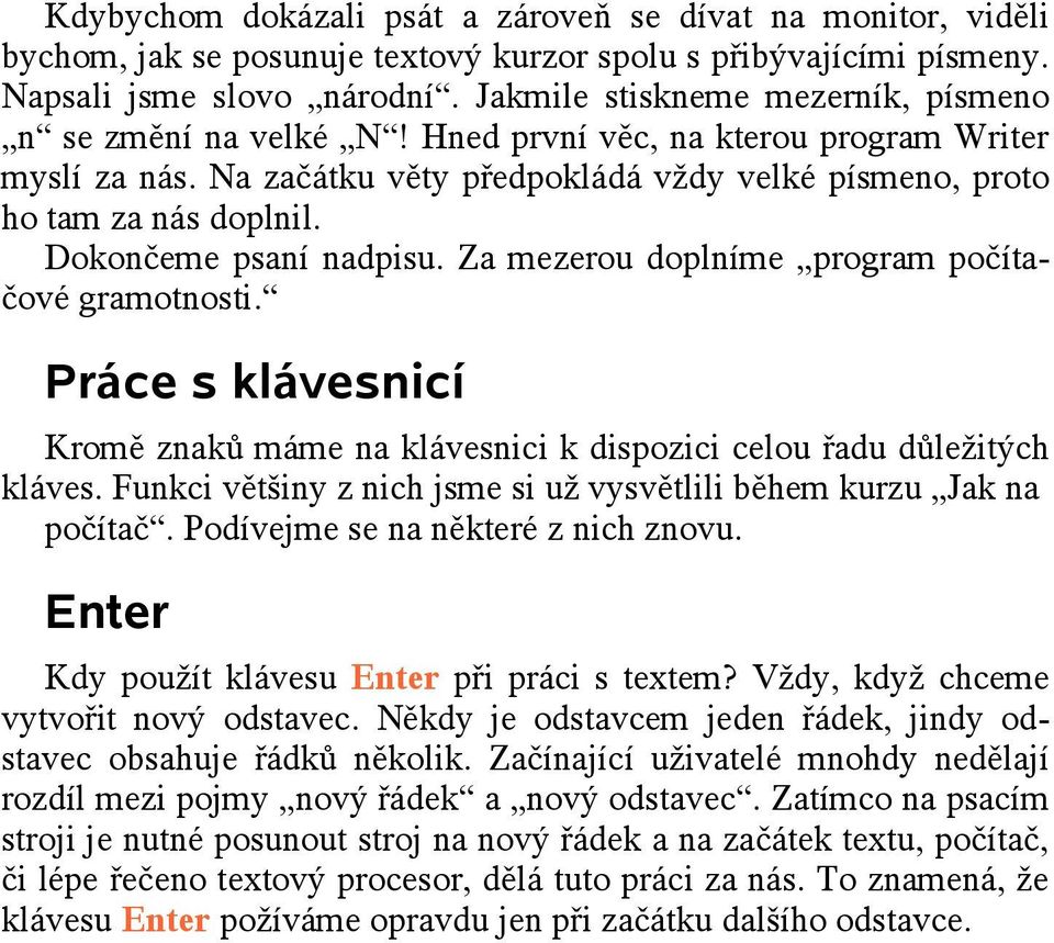 Dokončeme psaní nadpisu. Za mezerou doplníme program počítačové gramotnosti. Práce s klávesnicí Kromě znaků máme na klávesnici k dispozici celou řadu důležitých kláves.