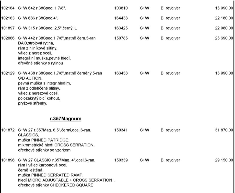 5-ran 150785 S+W B revolver 25 690,00 DAO,strojová rytina, rám z hliníkové slitiny, válec z nerez oceli, integrální muška,pevné hledí, dřevěné střenky s rytinou 102129 S+W 438 r.38spec.