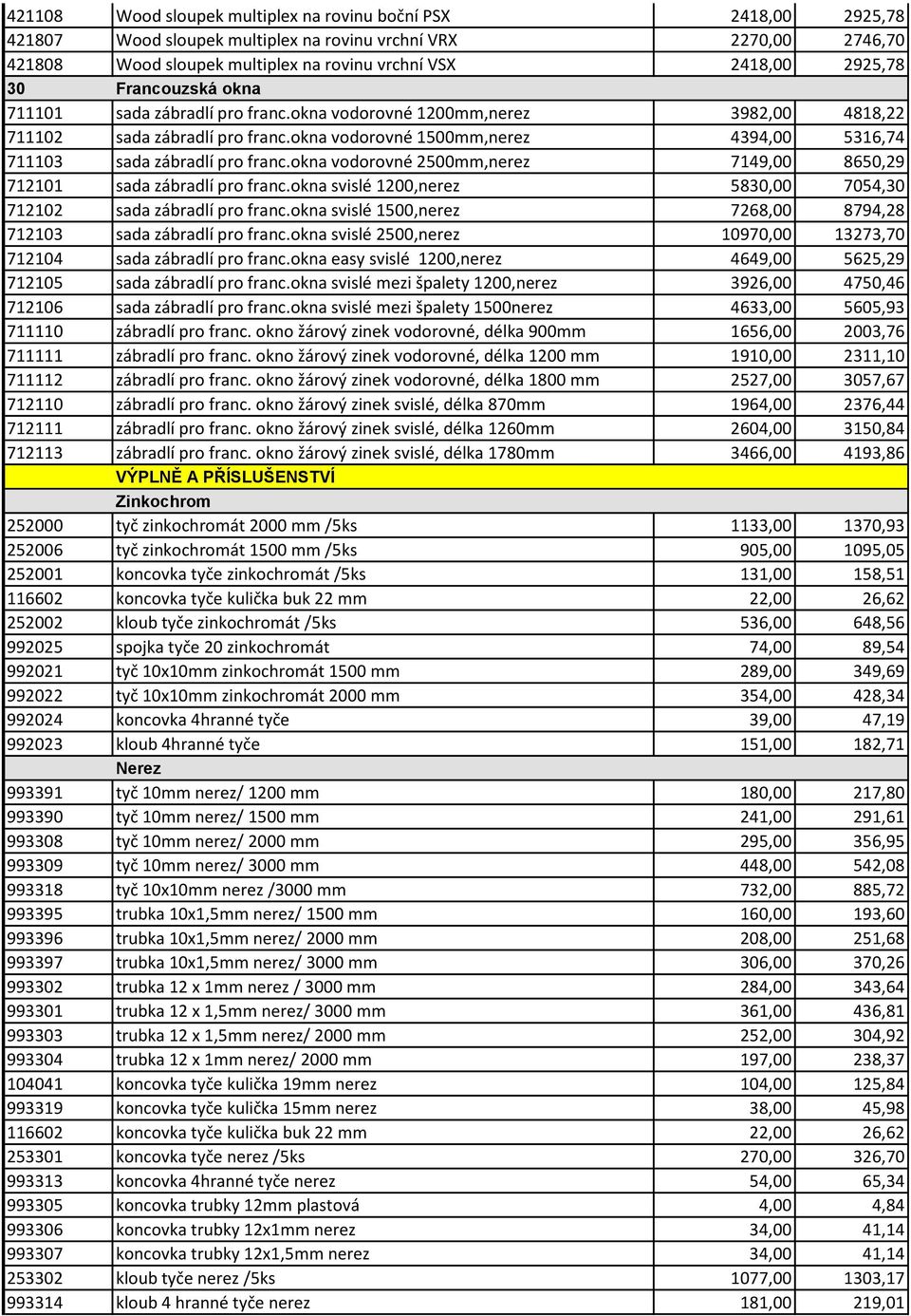 okna vodorovné 1500mm,nerez 4394,00 5316,74 711103 sada zábradlí pro franc.okna vodorovné 2500mm,nerez 7149,00 8650,29 712101 sada zábradlí pro franc.