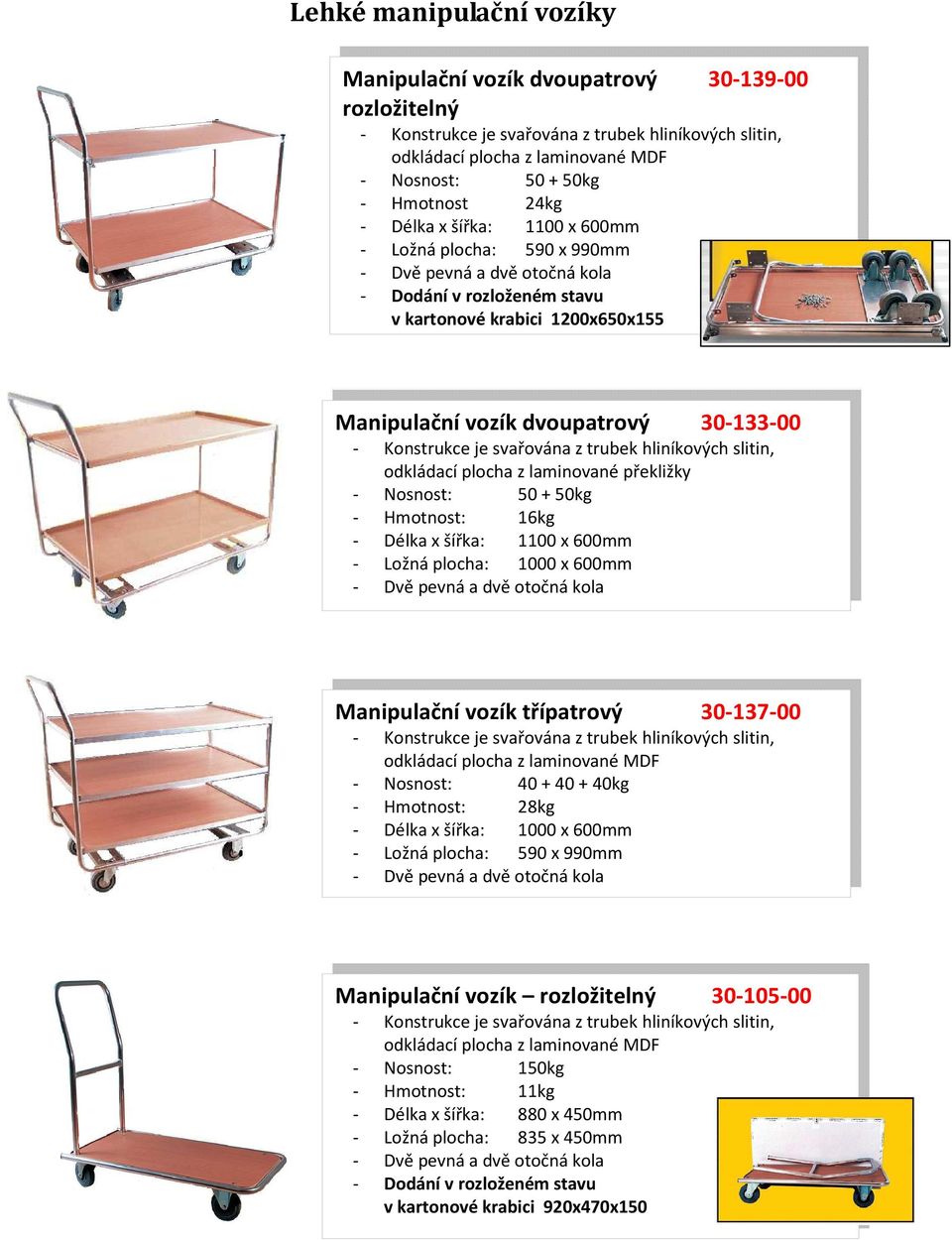 šířka: 1100 x 600mm - Ložná plocha: 1000 x 600mm Manipulační vozík třípatrový 30-137-00 odkládací plocha z laminované MDF - Nosnost: 40 + 40 + 40kg - Hmotnost: 28kg - Délka x šířka: 1000 x 600mm -