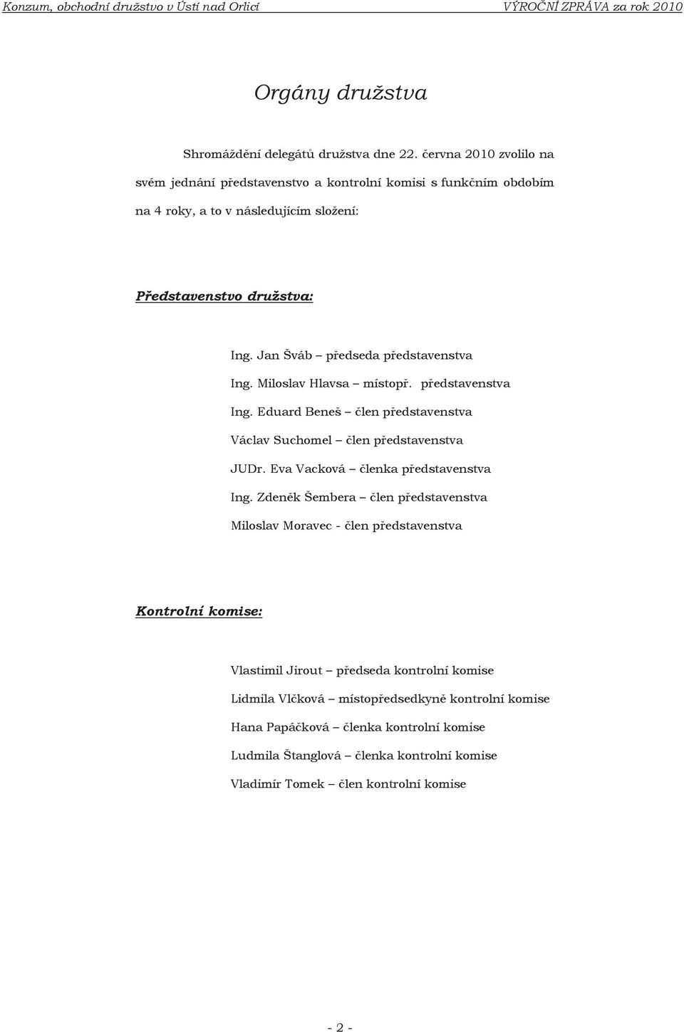 Miloslav Hlavsa místopř. představenstva Ing. Eduard Beneš člen představenstva Václav Suchomel člen představenstva JUDr. Eva Vacková členka představenstva Ing.