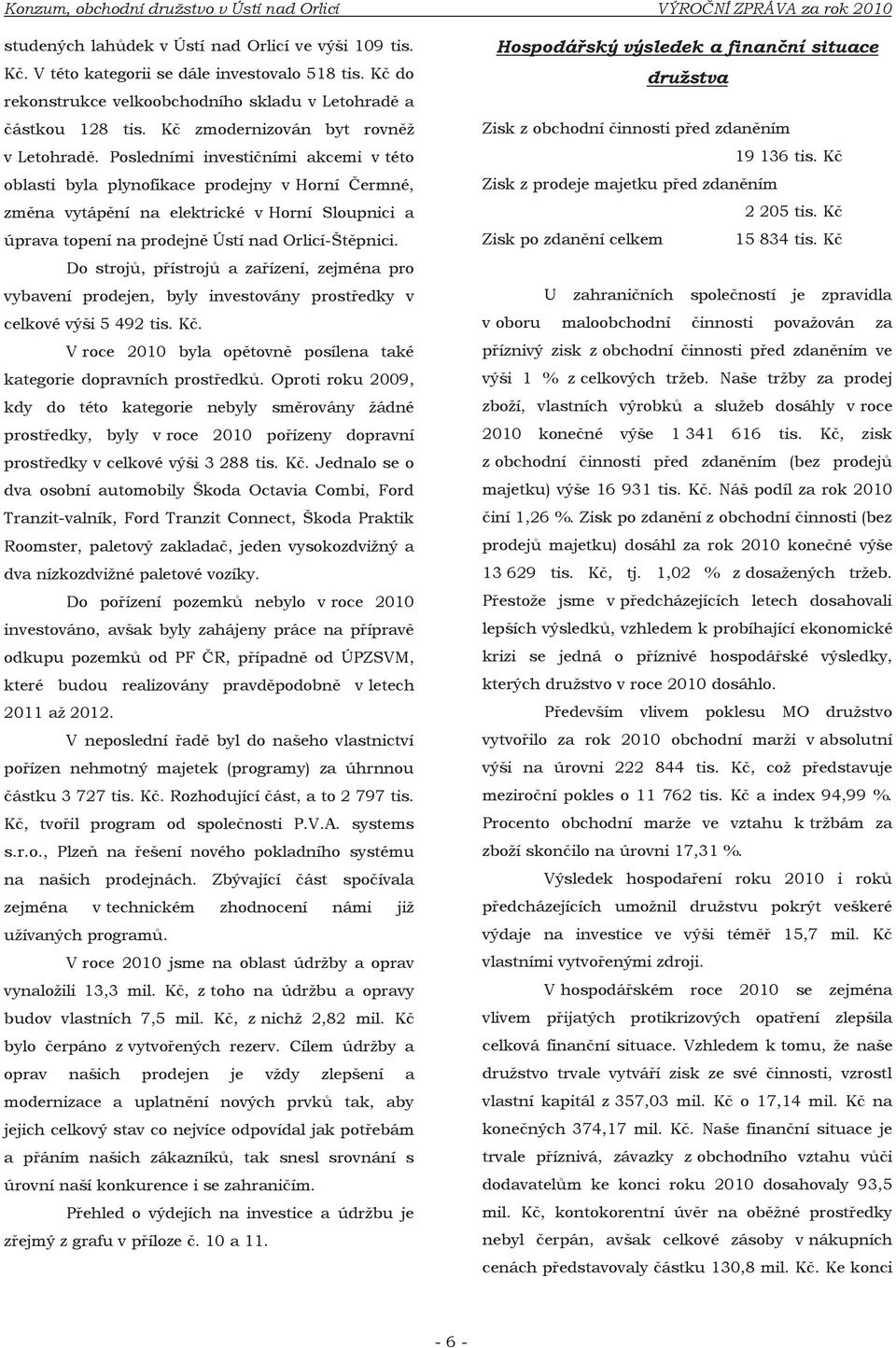Posledními investičními akcemi v této oblasti byla plynofikace prodejny v Horní Čermné, změna vytápění na elektrické v Horní Sloupnici a úprava topení na prodejně Ústí nad Orlicí-Štěpnici.