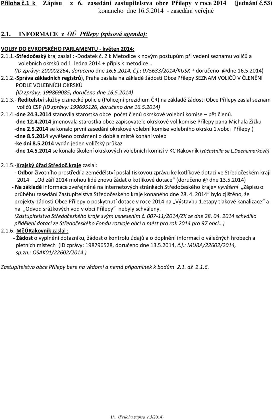 2014, č.j.: 075633/2014/KUSK + doručeno @dne 16.5.2014) 2.1.2.-Správa základních registrů), Praha zaslala na základě žádosti Obce Přílepy SEZNAM VOLIČŮ V ČLENĚNÍ PODLE VOLEBNÍCH OKRSKŮ (ID zprávy: 199869085, doručeno dne 16.