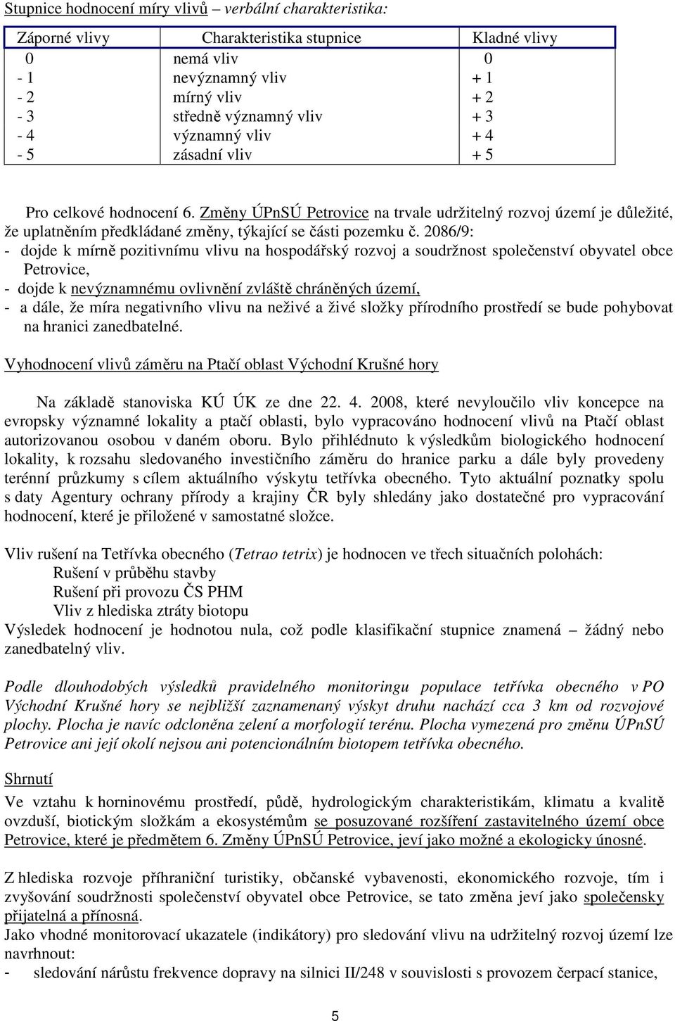 2086/9: - dojde k mírně pozitivnímu vlivu na hospodářský rozvoj a soudržnost společenství obyvatel obce Petrovice, - dojde k nevýznamnému ovlivnění zvláště chráněných území, - a dále, že míra