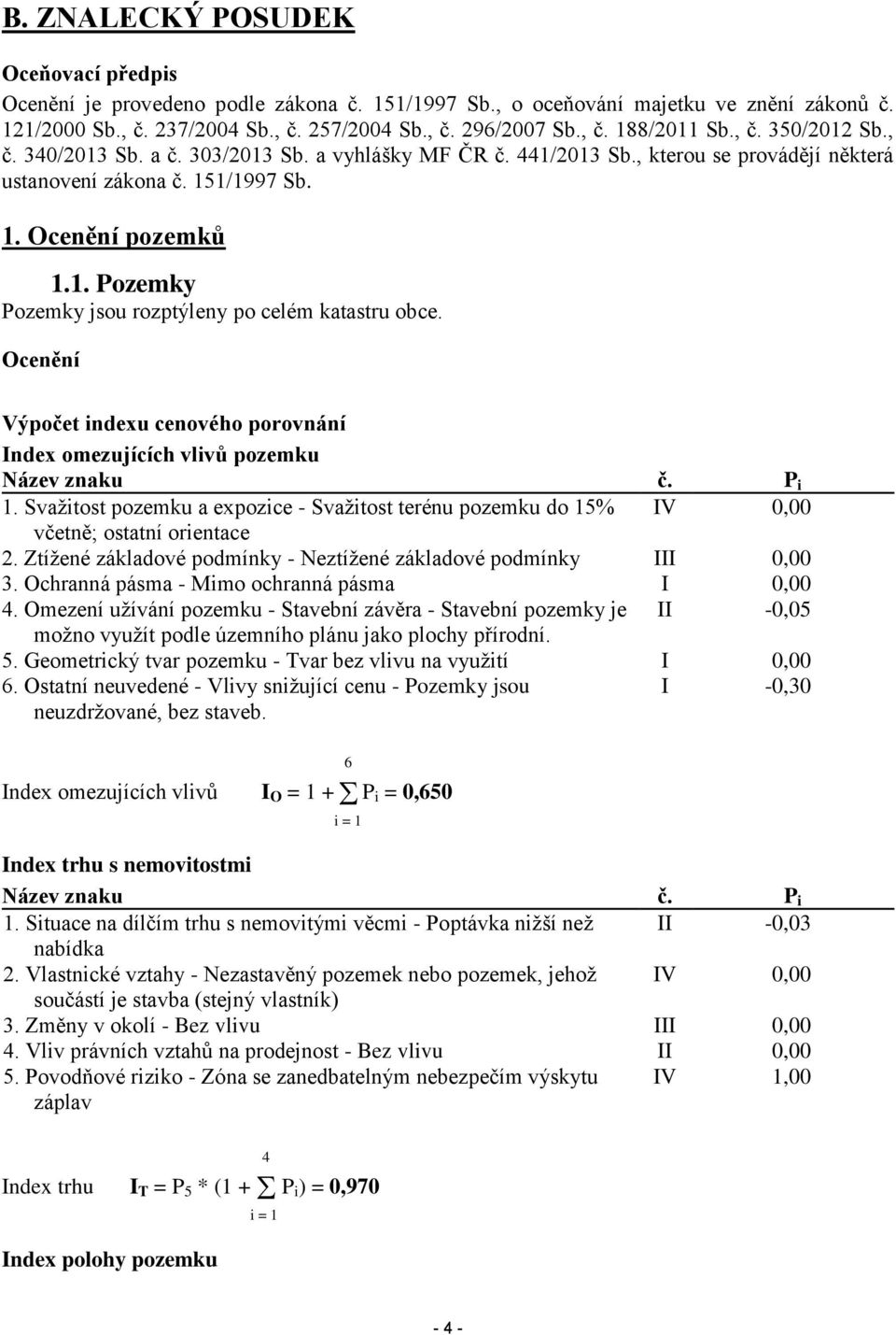 Ocenění Výpočet indexu cenového porovnání Index omezujících vlivů pozemku Název znaku č. P i 1. Svažitost pozemku a expozice - Svažitost terénu pozemku do 15% IV 0,00 včetně; ostatní orientace 2.