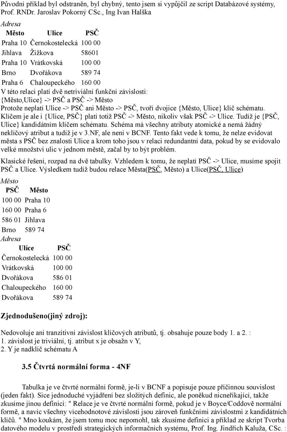 netriviální funkční závislosti: {Město,Ulice} -> PSČ a PSČ -> Město Protože neplatí Ulice -> PSČ ani Město -> PSČ, tvoří dvojice {Město, Ulice} klíč schématu.