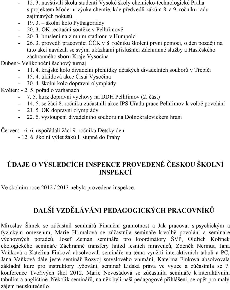 ročníku školení první pomoci, o den později na tuto akci navázali se svými ukázkami příslušníci Záchranné služby a Hasičského záchranného sboru Kraje Vysočina Duben:- Velikonoční šachový turnaj - 11.