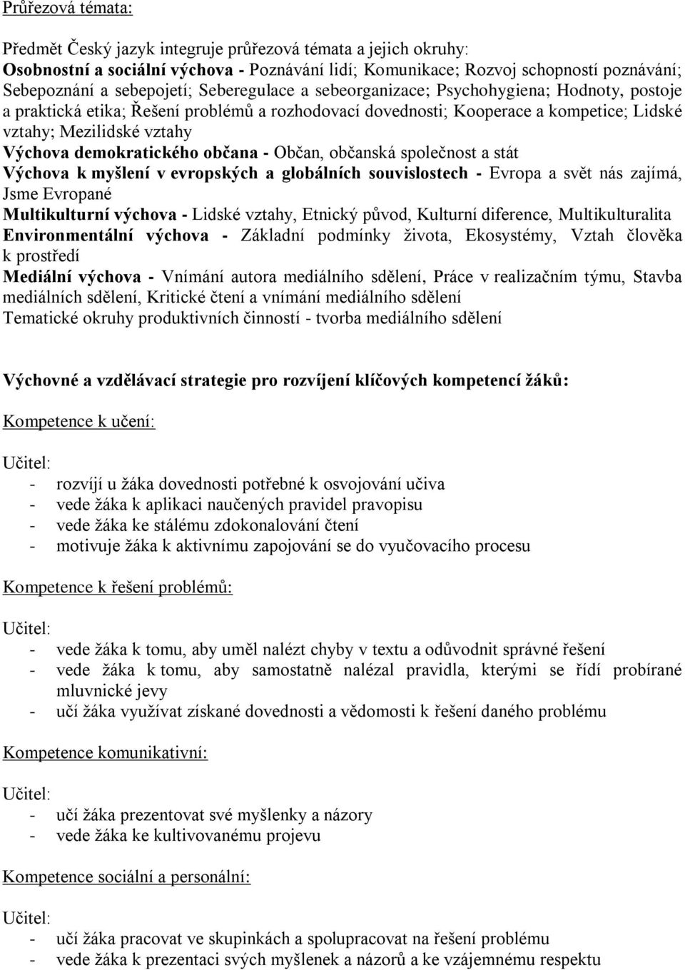 demokratického občana - Občan, občanská společnost a stát Výchova k myšlení v evropských a globálních souvislostech - Evropa a svět nás zajímá, Jsme Evropané Multikulturní výchova - Lidské vztahy,