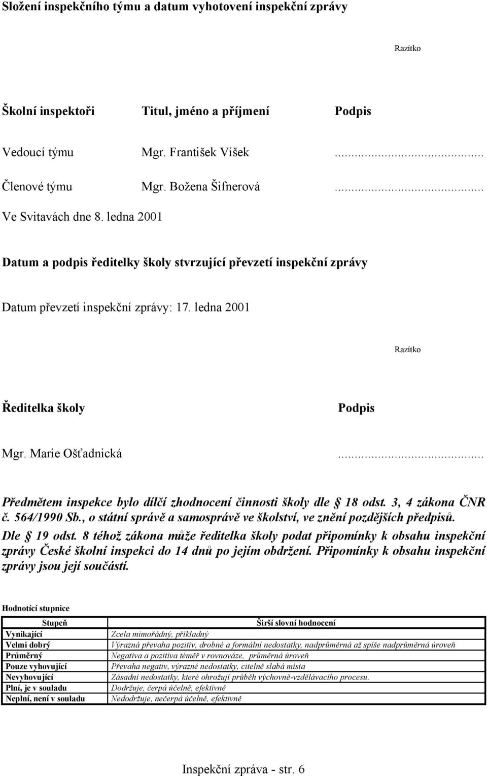 Marie Ošťadnická... Předmětem inspekce bylo dílčí zhodnocení činnosti školy dle 18 odst. 3, 4 zákona ČNR č. 564/1990 Sb., o státní správě a samosprávě ve školství, ve znění pozdějších předpisů.