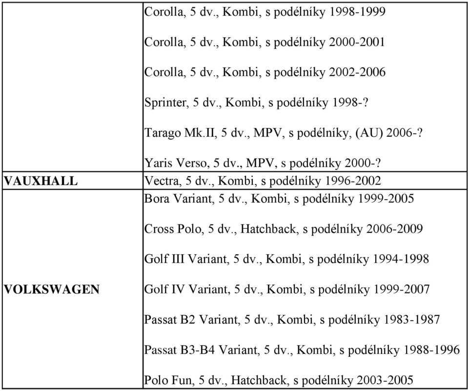 , Kombi, s podélníky 1999-2005 Cross Polo, 5 dv., Hatchback, s podélníky 2006-2009 Golf III Variant, 5 dv., Kombi, s podélníky 1994-1998 VOLKSWAGEN Golf IV Variant, 5 dv.