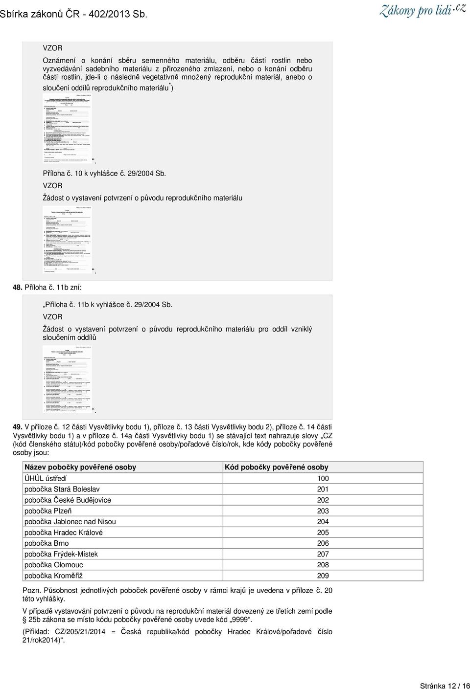 Příloha č. 11b zní: Příloha č. 11b k vyhlášce č. 29/2004 Sb. VZOR Žádost o vystavení potvrzení o původu reprodukčního materiálu pro oddíl vzniklý sloučením oddílů 49. V příloze č.