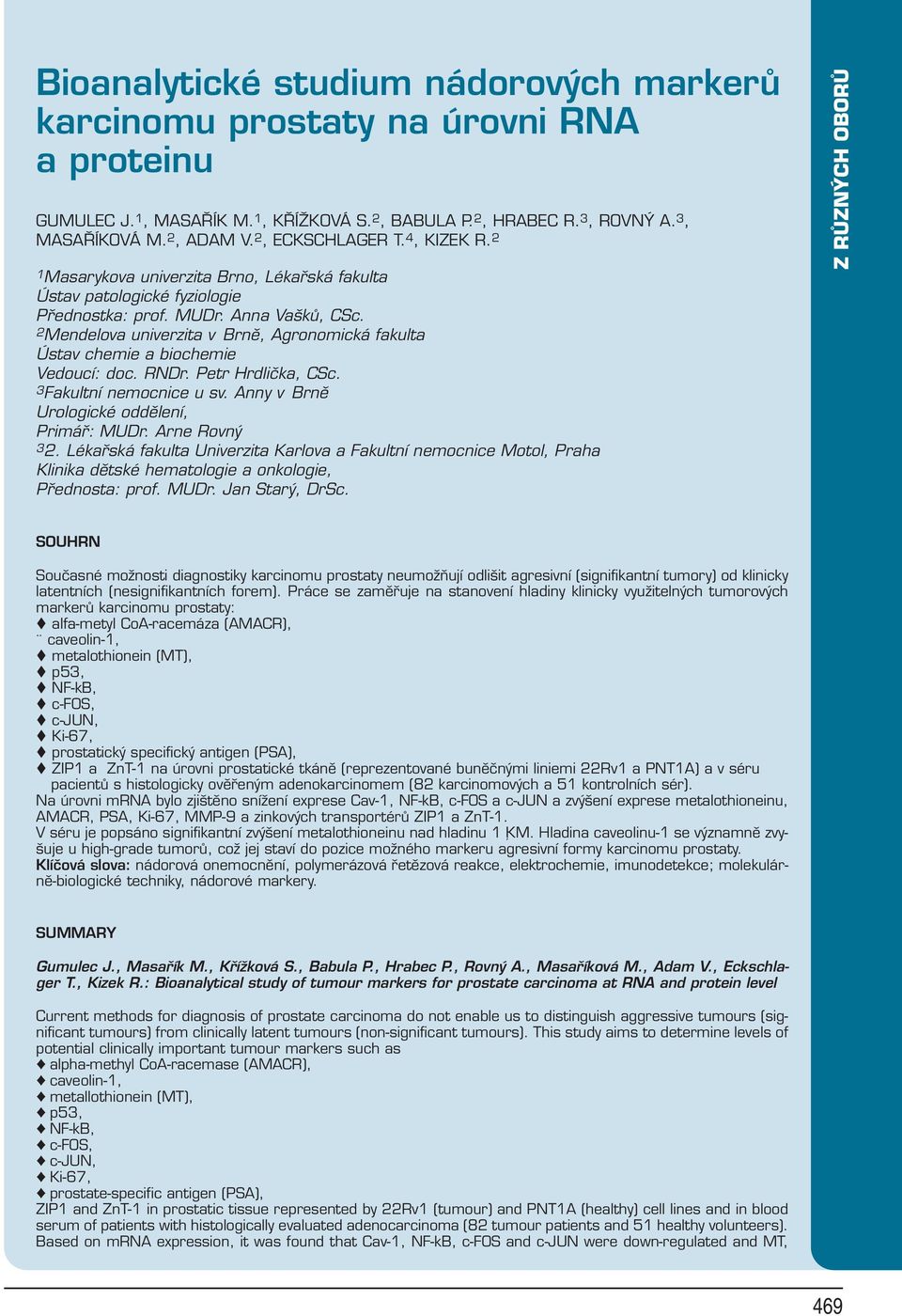 2Mendelova univerzita v Brnû, Agronomická fakulta Ústav chemie a biochemie Vedoucí: doc. RNDr. Petr Hrdliãka, CSc. 3Fakultní nemocnice u sv. Anny v Brnû Urologické oddûlení, Primáfi: MUDr.