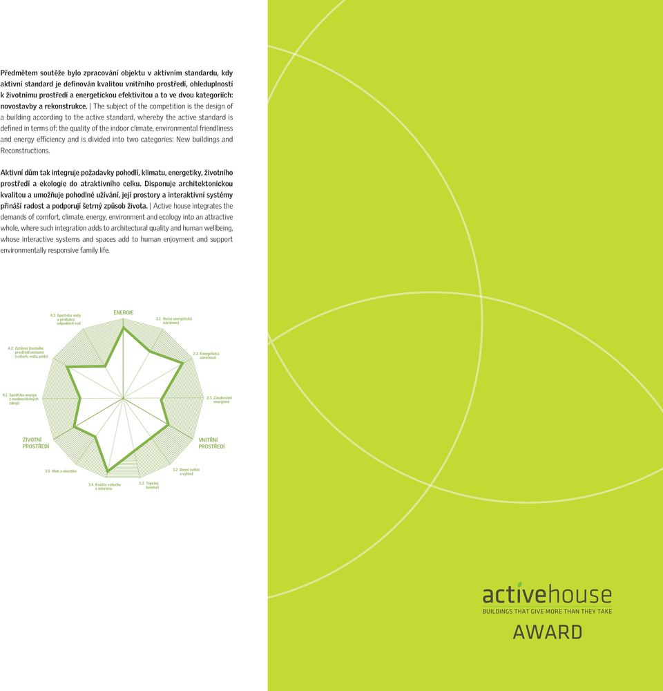 The subject of the competition is the design of a building according to the active standard, whereby the active standard is defined in terms of: the quality of the indoor climate, environmental