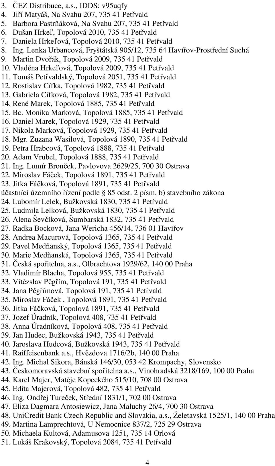 Vlad na Hrke ová, Topolová 2009, 735 41 Pet vald 11. Tomáš Pet valdský, Topolová 2051, 735 41 Pet vald 12. Rostislav Cífka, Topolová 1982, 735 41 Pet vald 13.