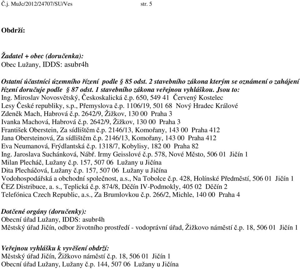 p., Přemyslova č.p. 1106/19, 501 68 Nový Hradec Králové Zdeněk Mach, Habrová č.p. 2642/9, Žižkov, 130 00 Praha 3 Ivanka Machová, Habrová č.p. 2642/9, Žižkov, 130 00 Praha 3 František Oberstein, Za sídlištěm č.