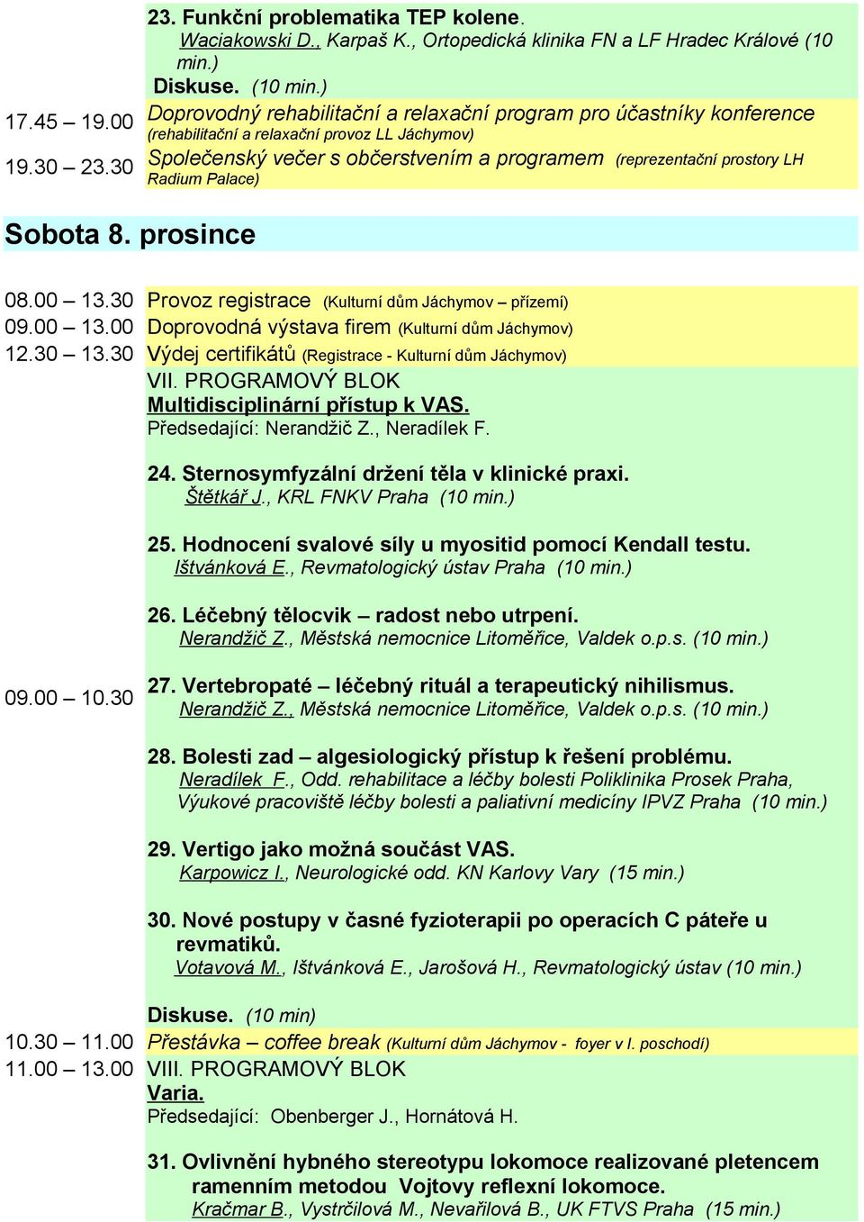 ) Doprovodný rehabilitační a relaxační program pro účastníky konference (rehabilitační a relaxační provoz LL Jáchymov) Společenský večer s občerstvením a programem (reprezentační prostory LH Radium