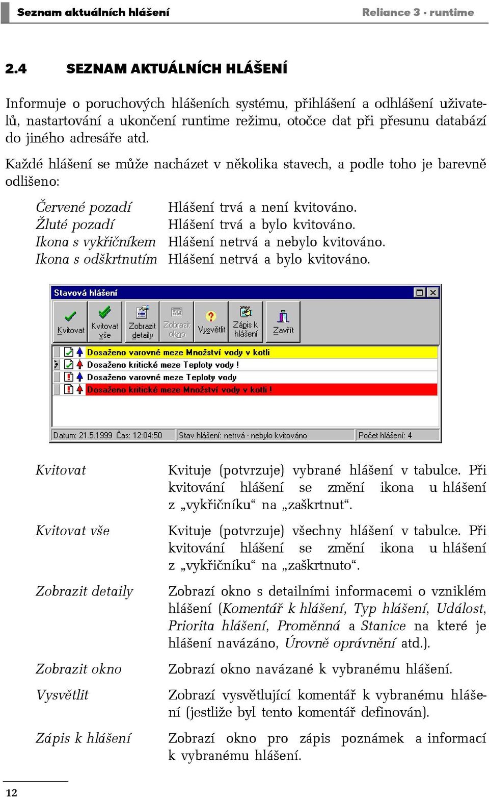 Každé hlášení se může nacházet v několika stavech, a podle toho je barevně odlišeno: Červené pozadí Žluté pozadí Ikona s vykřičníkem Ikona s odškrtnutím Hlášení trvá a není kvitováno.