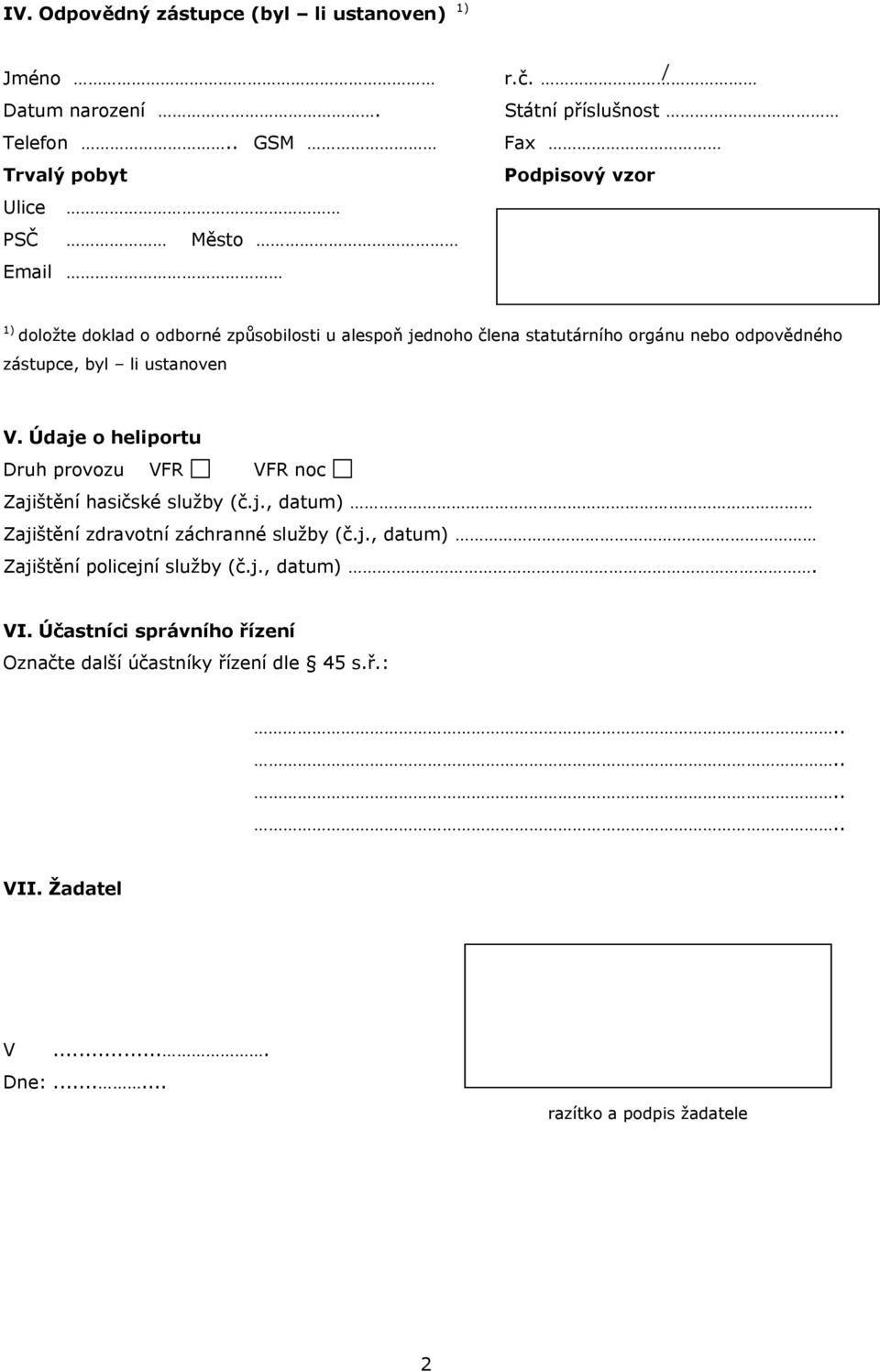 li ustanoven V. Údaje o heliportu Druh provozu VFR VFR noc Zajištění hasičské služby (č.j., datum) Zajištění zdravotní záchranné služby (č.