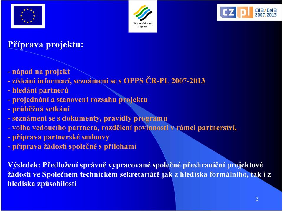 povinností v rámci partnerství, -příprava partnerské smlouvy -příprava žádosti společně s přílohami Výsledek: Předložení správně