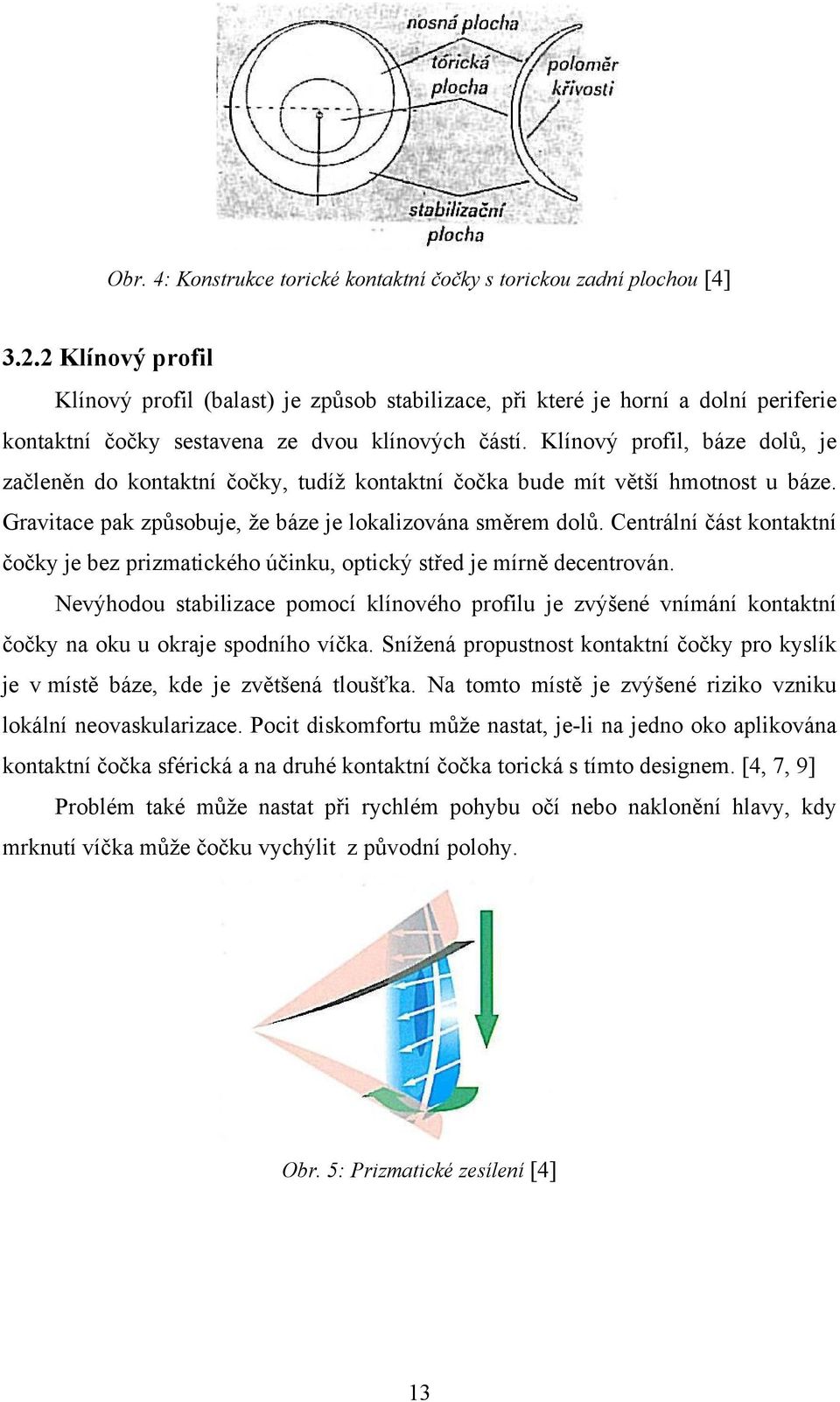 Klínový profil, báze dolů, je začleněn do kontaktní čočky, tudíž kontaktní čočka bude mít větší hmotnost u báze. Gravitace pak způsobuje, že báze je lokalizována směrem dolů.