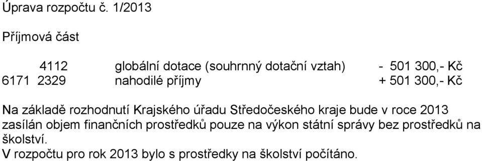 nahodilé příjmy + 501 300,- Kč Na základě rozhodnutí Krajského úřadu Středočeského kraje bude