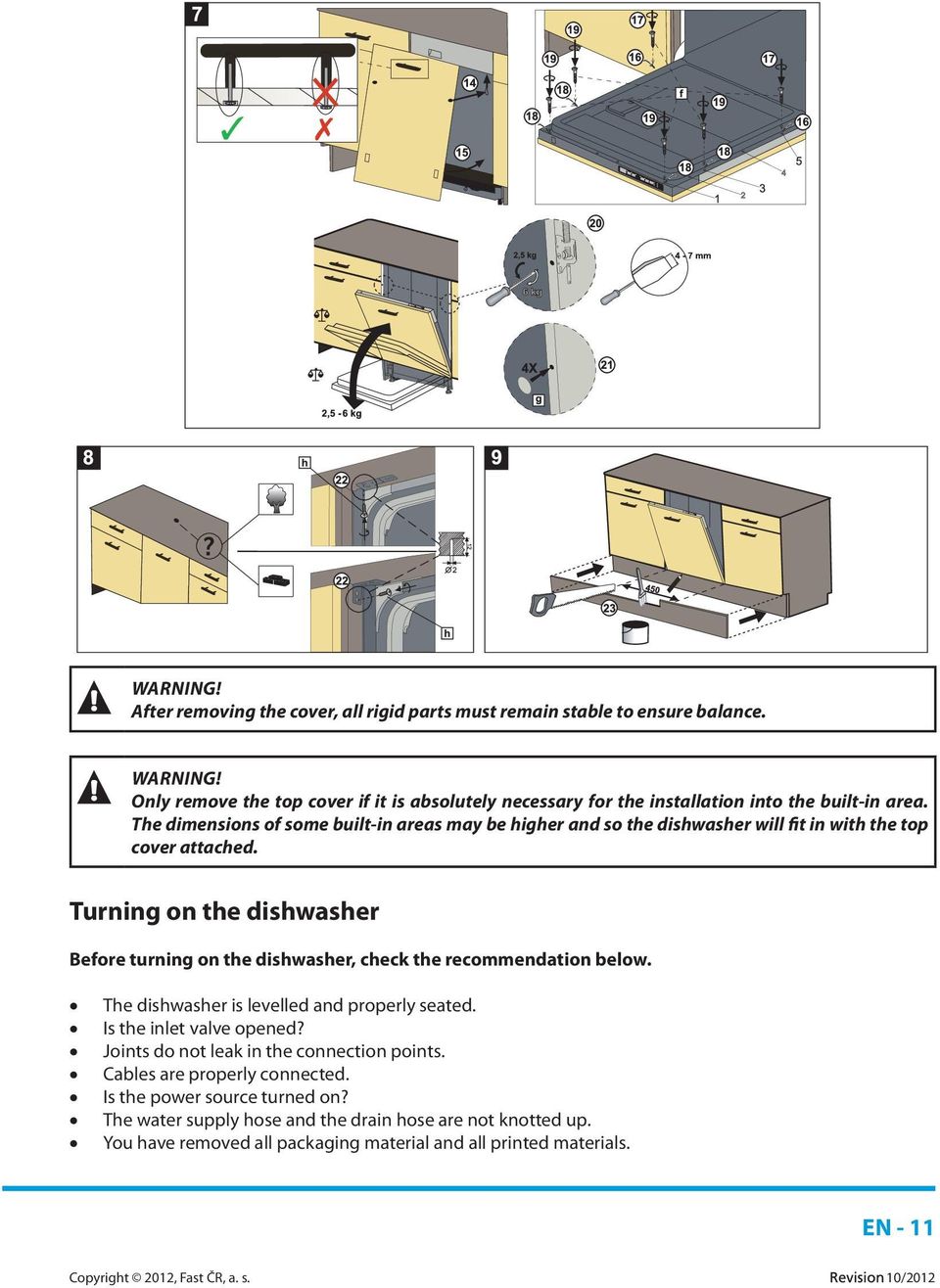 The dimensions of some built-in areas may be higher and so the dishwasher will fit in with the top cover attached.