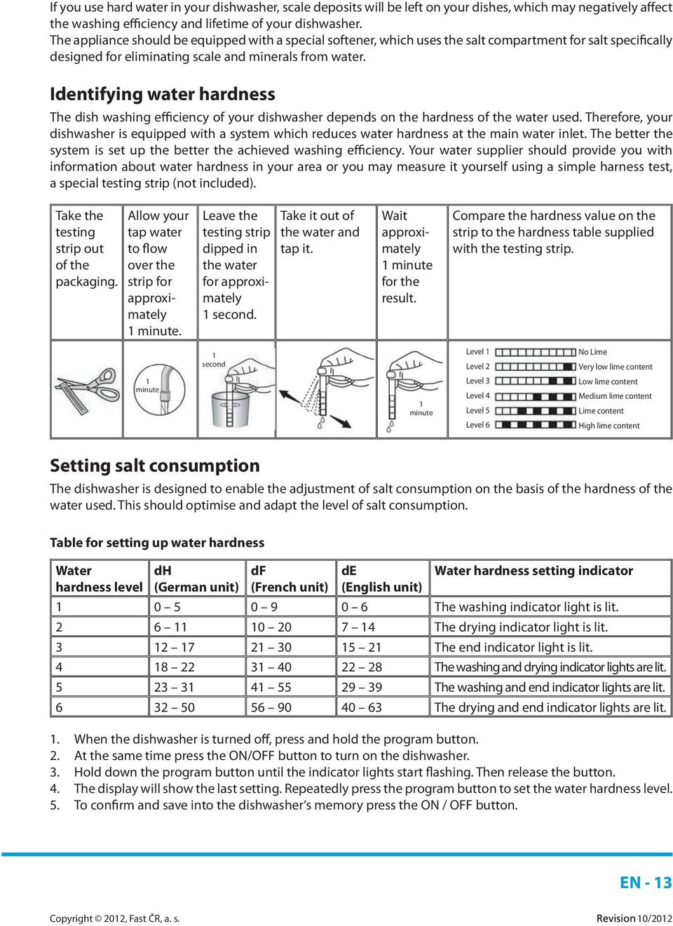 Identifying water hardness The dish washing efficiency of your dishwasher depends on the hardness of the water used.