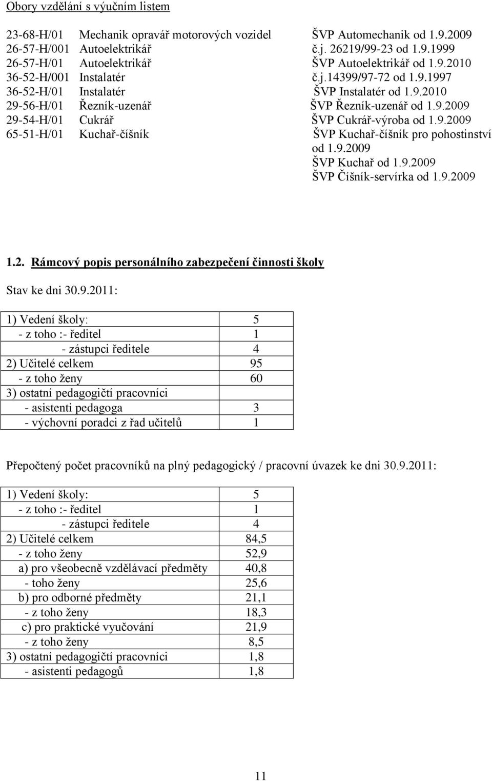 9.2009 65-51-H/01 Kuchař-číšník ŠVP Kuchař-číšník pro pohostinství od 1.9.2009 ŠVP Kuchař od 1.9.2009 ŠVP Číšník-servírka od 1.9.2009 1.2. Rámcový popis personálního zabezpečení činnosti školy Stav ke dni 30.