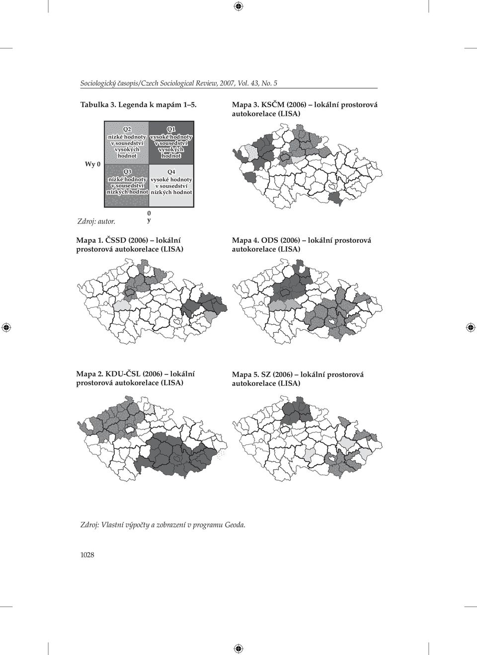 hodnoty vysoké hodnoty v sousedství v sousedství nízkých hodnot nízkých hodnot Zdroj: autor. 0 y Mapa 1. ČSSD (2006) lokální prostorová autokorelace (LISA) Mapa 4.