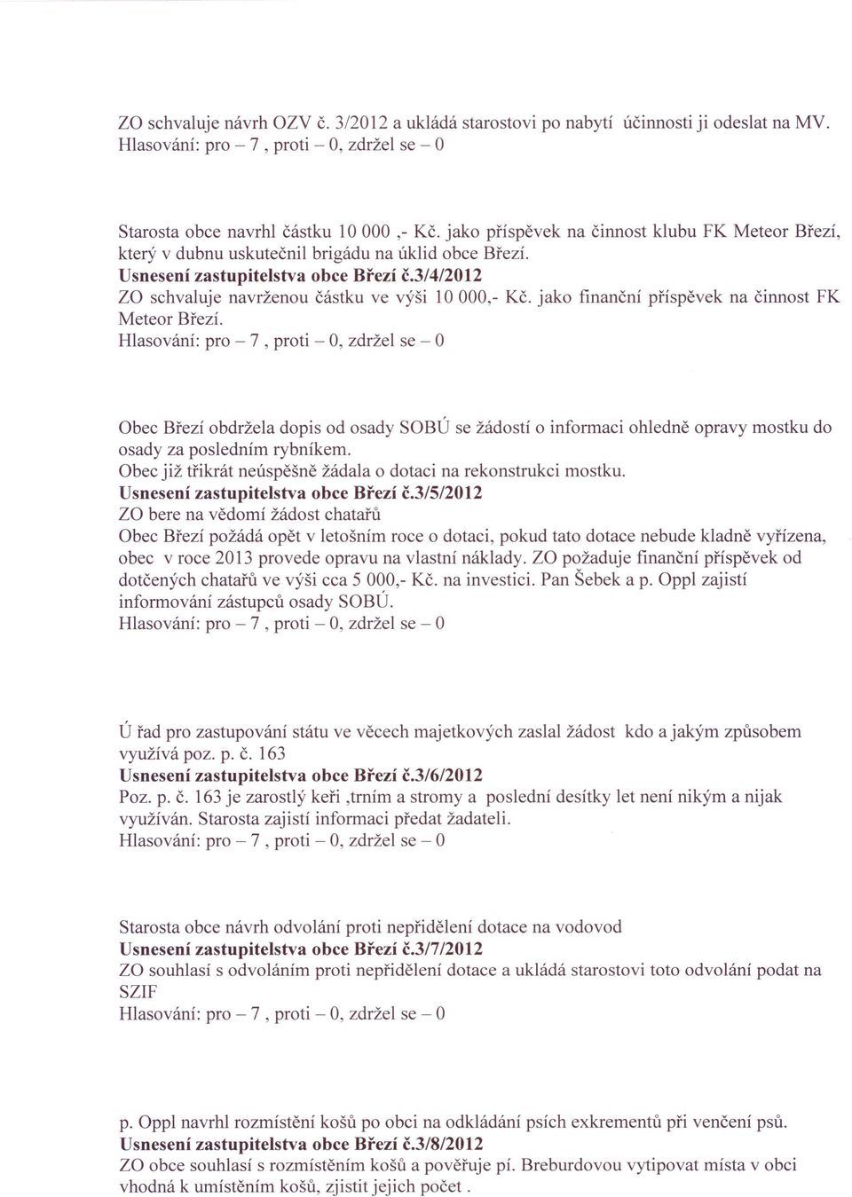 jako finanční příspěvek na činnost FK Meteor Březí. Obec Březí obdržela dopis od osady SOBÚ se žádostí o informaci ohledně opravy mostku do osady za posledním rybníkem.