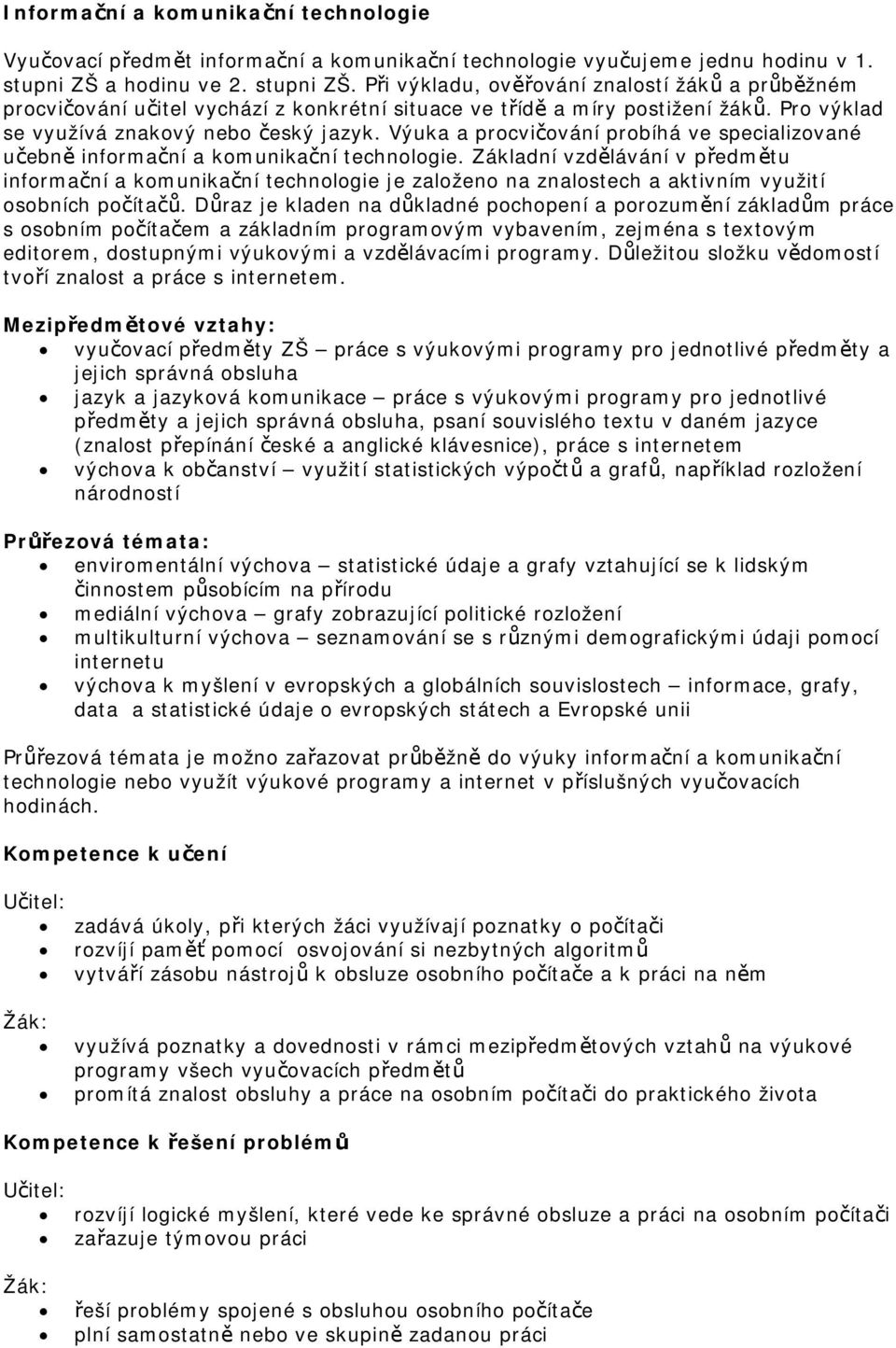 Pro výklad se využívá znakový nebo český jazyk. Výuka a procvičování probíhá ve specializované učebně informační a komunikační technologie.