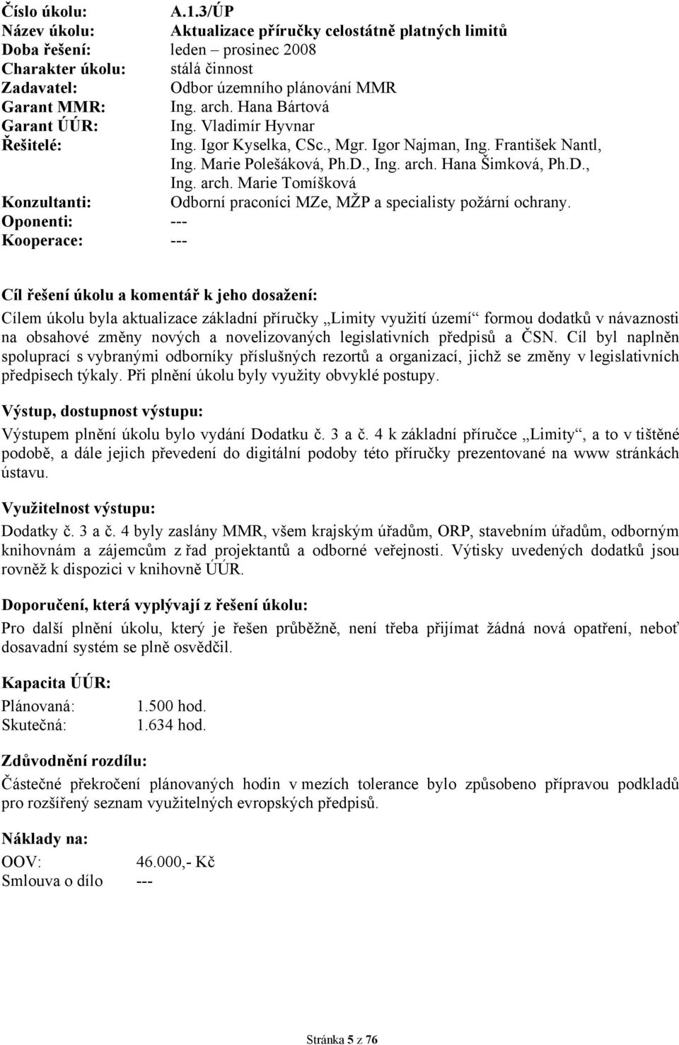 Hana Šimková, Ph.D., Ing. arch. Marie Tomíšková Konzultanti: Odborní praconíci MZe, MŽP a specialisty požární ochrany.