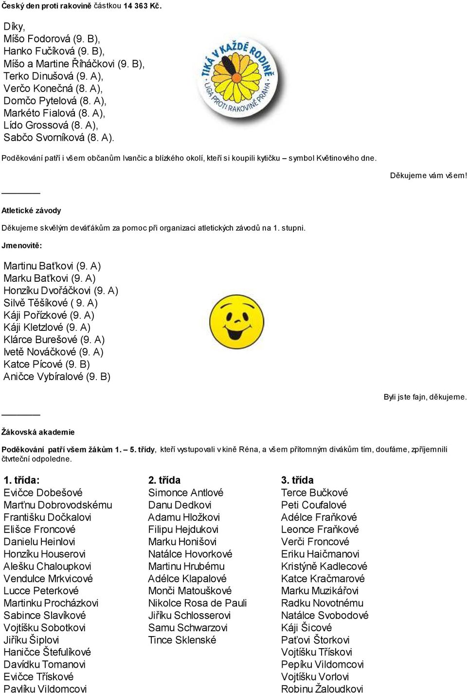 Atletické závody Děkujeme skvělým deváťákům za pomoc při organizaci atletických závodů na 1. stupni. Jmenovitě: Martinu Baťkovi (9. A) Marku Baťkovi (9. A) Honzíku Dvořáčkovi (9.