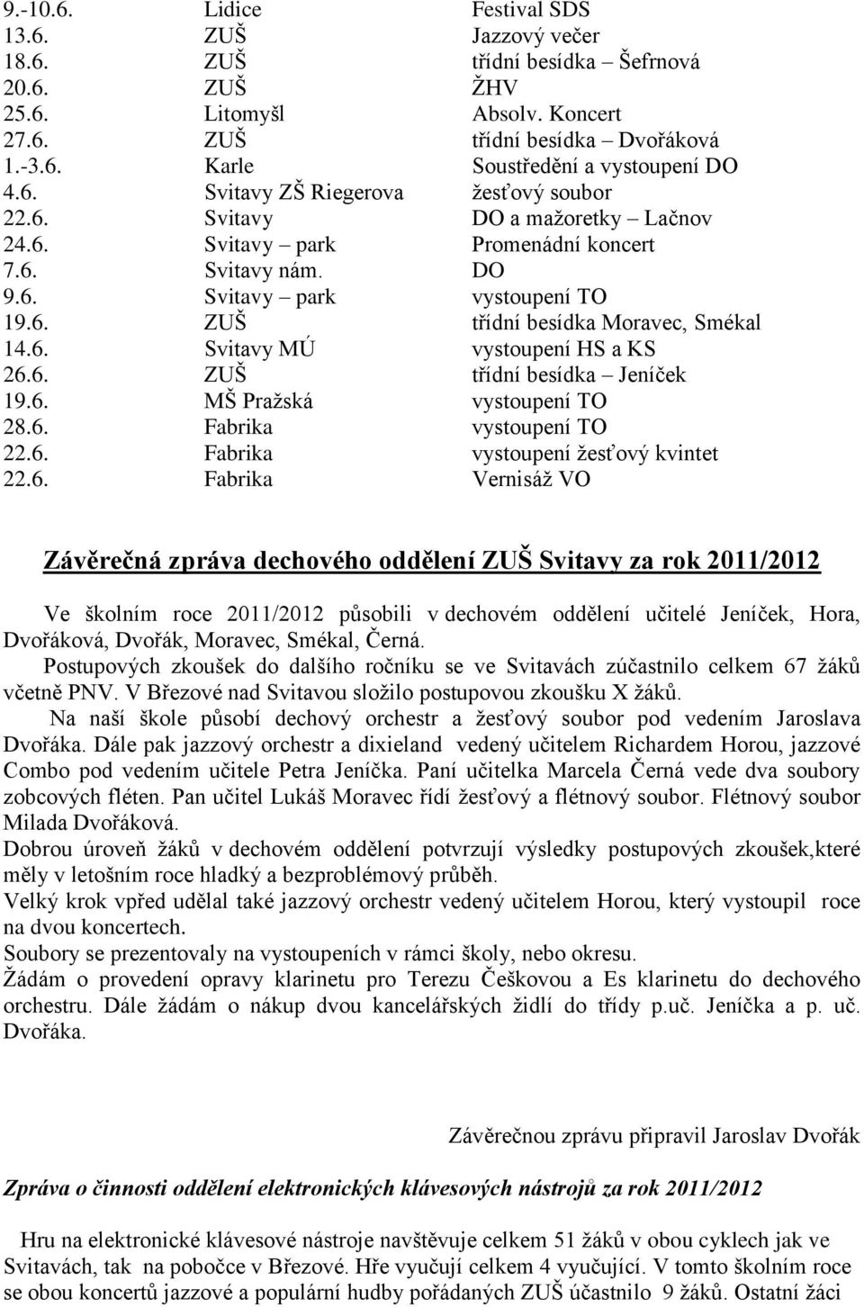 6. Svitavy MÚ vystoupení HS a KS 26.6. ZUŠ třídní besídka Jeníček 19.6. MŠ Praţská vystoupení TO 28.6. Fabrika vystoupení TO 22.6. Fabrika vystoupení ţesťový kvintet 22.6. Fabrika Vernisáţ VO